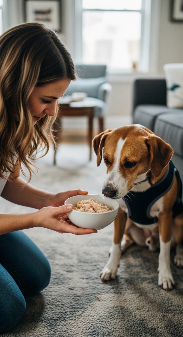 A woman is feeding her dog from a bowl.