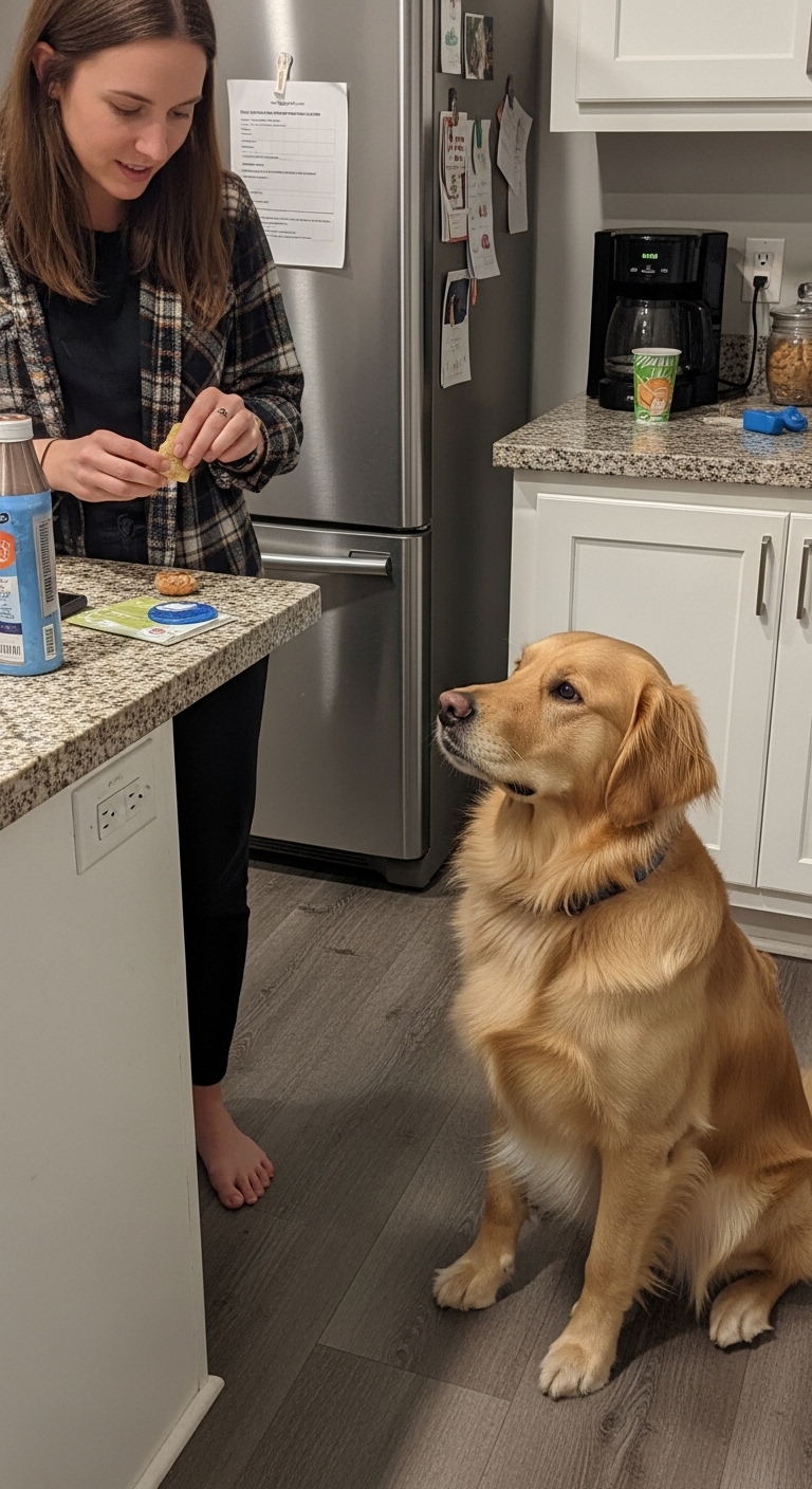 A dog staring at a woman holding a cookie.