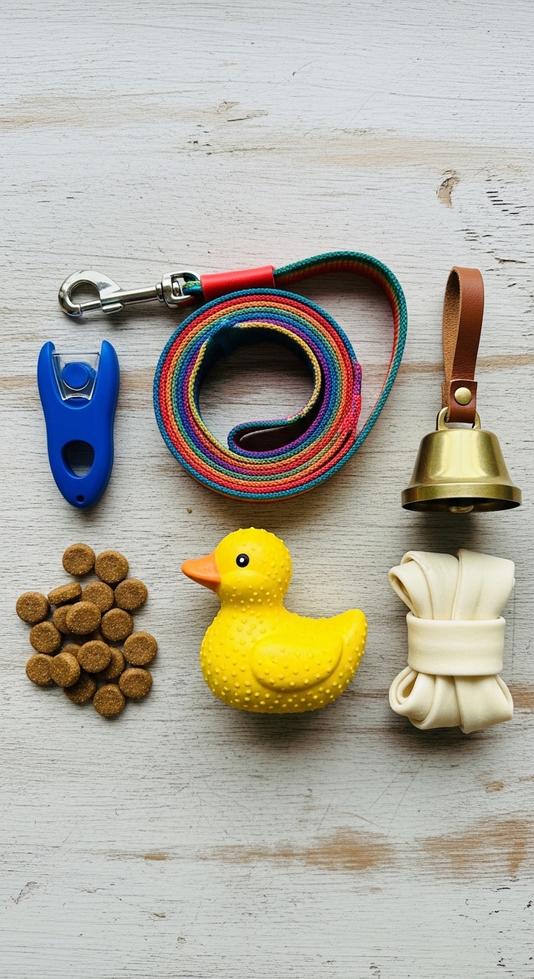 A collection of dog toys and accessories.