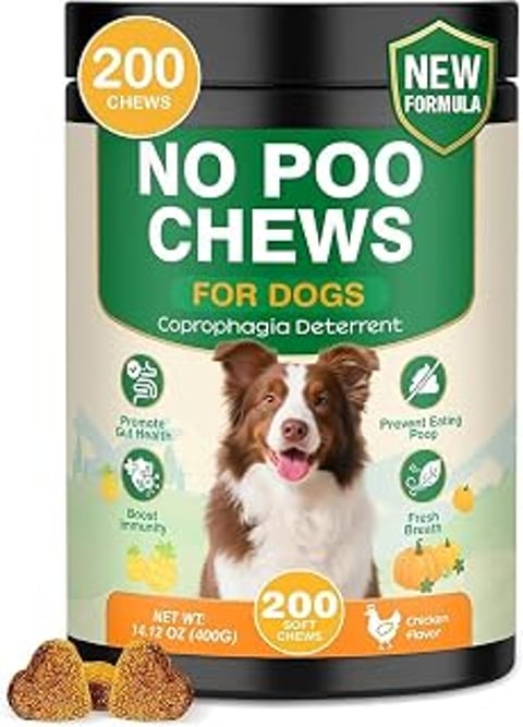 A bottle of 200 No Poo Chews for dogs.