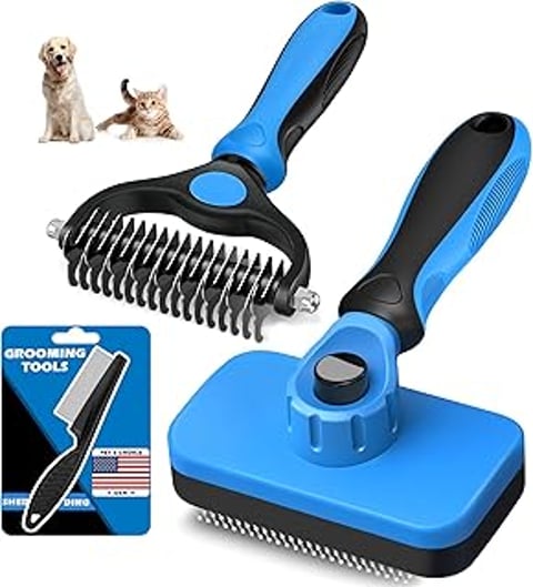 A blue pet grooming tool with a cat and a dog.