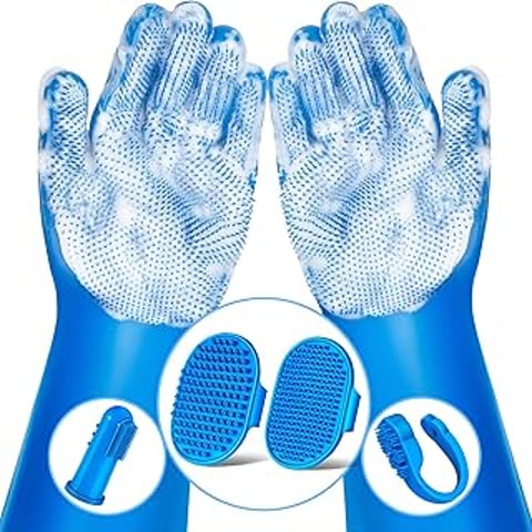 A blue glove with a blue brush in it.