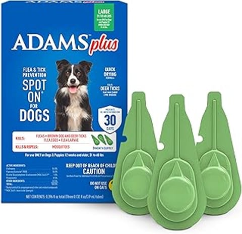 A box of Adams Plus Flea & Tick Prevention for dogs.