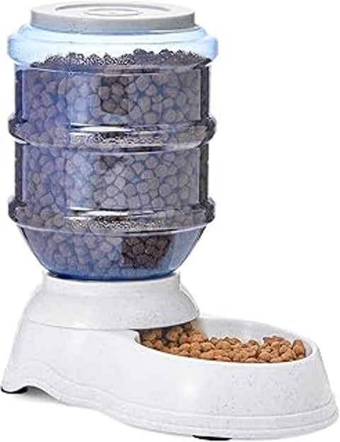 A blue and white pet food dispenser.
