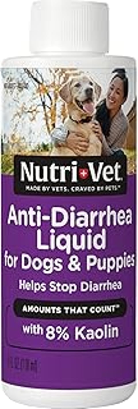 A bottle of NutriVet Anti-Diarrhea Liquid for dogs and puppies.