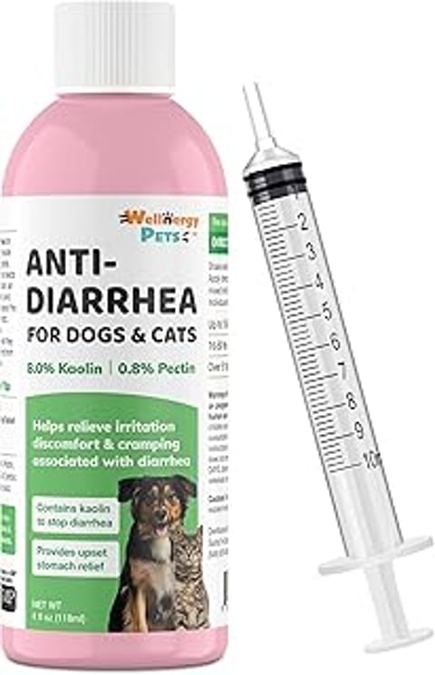 A bottle of anti diarrhea liquid for dogs and cats.