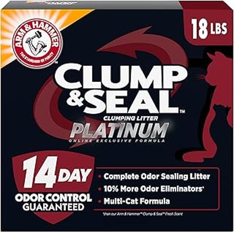 Arm & Hammer Clump & Seal Platinum Cat Litter.