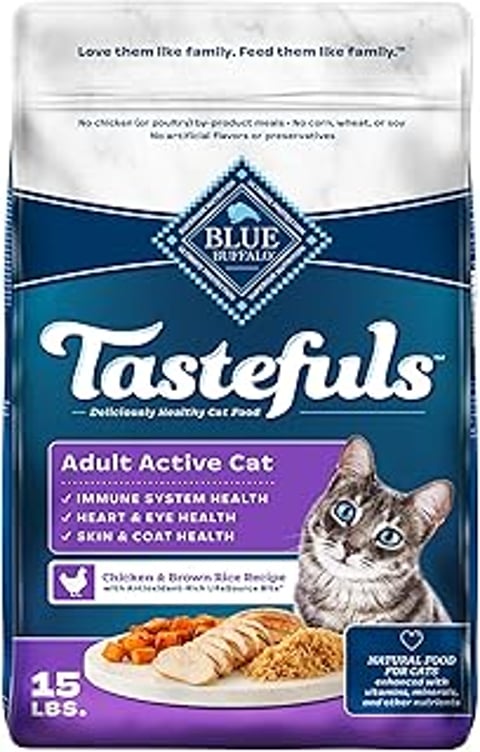 A cat food bag with a cat on it.