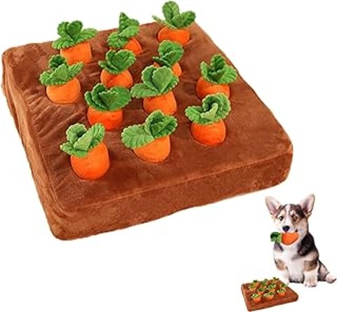 A brown dog toy shaped like a carrot.