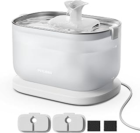 A cat water fountain with a stainless steel tray.