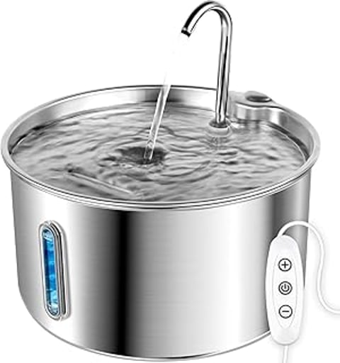 A stainless steel water fountain with a blue light.