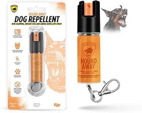 A dog repellent spray in a orange bottle.