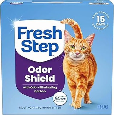 A box of Fresh Step Odor Shield clumping cat litter.
