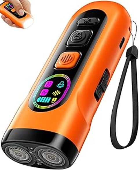 A dog bark deterrent device is orange and black.