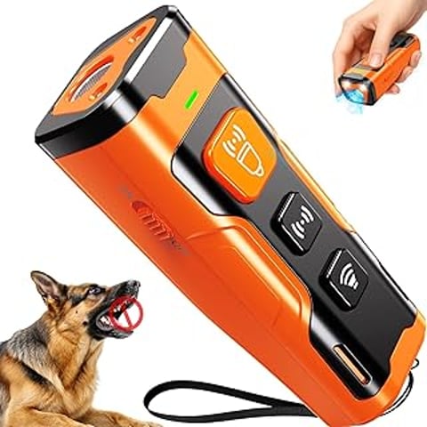 A dog bark deterrent device is shown with a dog sitting next to it.