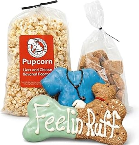 A bag of popcorn and a bag of dog treats.