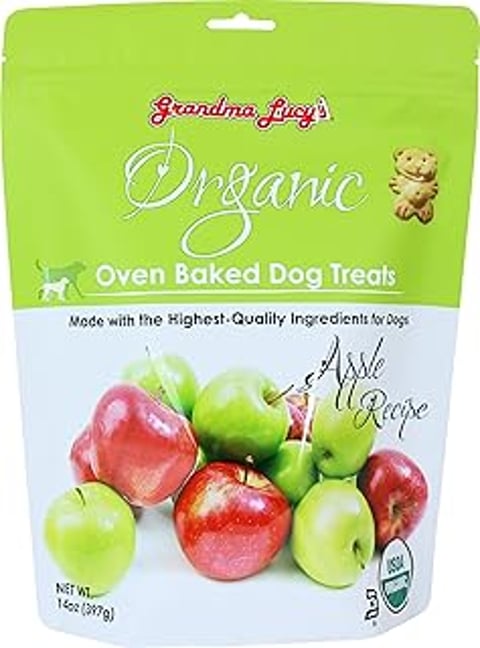 A bag of dog treats made with organic ingredients.