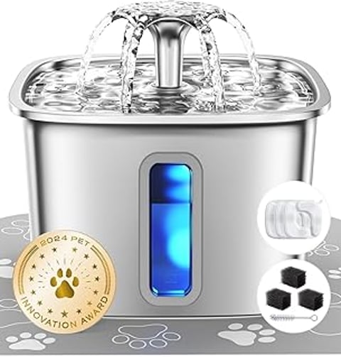 A stainless steel water fountain with a blue light.