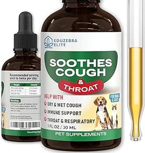 A bottle of soothes cough and throat for dogs.