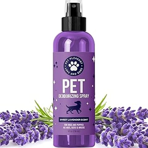 A bottle of lavender oil dog deodorizing spray.