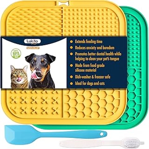 A dog and a cat are on a Lukito mat.