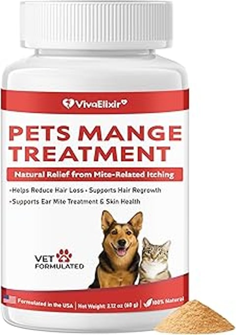 A bottle of Vita-Elixir Mange Treatment for pets.