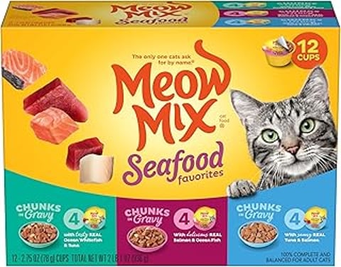 A cat food variety pack of Meow Mix Seafood Favorites Chunks in Gravy.