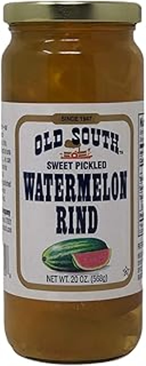 A jar of Old South Sweet Pickled Watermelon Rind.