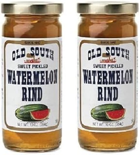 Two jars of Old South watermelon rind pickled sweet.