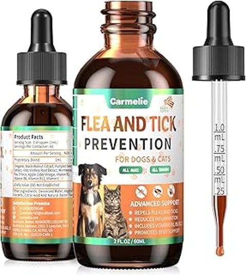 A bottle of Carmelle Flea and Tick Prevention for dogs and cats.
