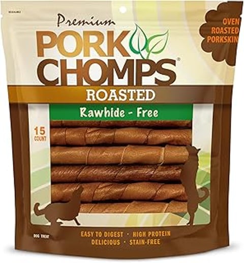 A bag of Pork Chomps Roasted Pork Skin Dog.