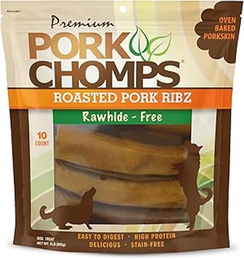 A bag of Pork Chomps Roasted Pork Skin Dog.