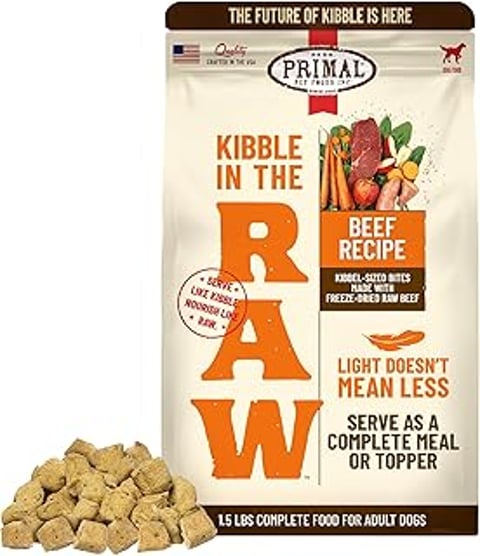 A bag of raw beef freeze dried dog food.
