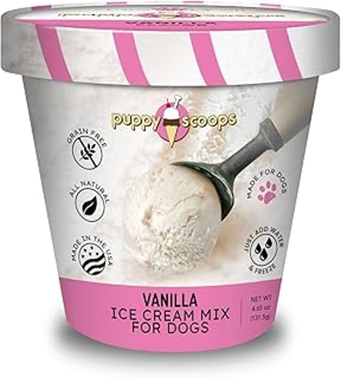 A pink container of Puppy Scoops ice cream mix.