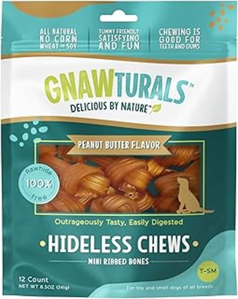 A bag of Gnaw Naturals Peanut Butter Flavored Ribbed Bones.