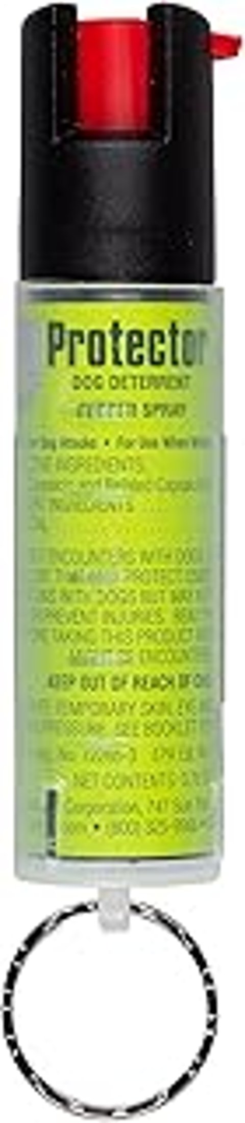 A green bottle of Sabre Protector Dog Spray.