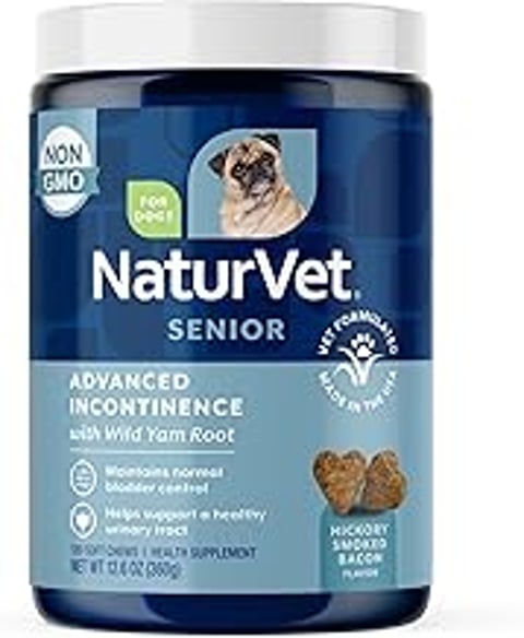 A bottle of senior advanced incontinence dog supplement.
