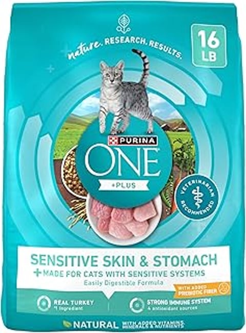A bag of Purina One Sensitive Skin and Stomach cat food.