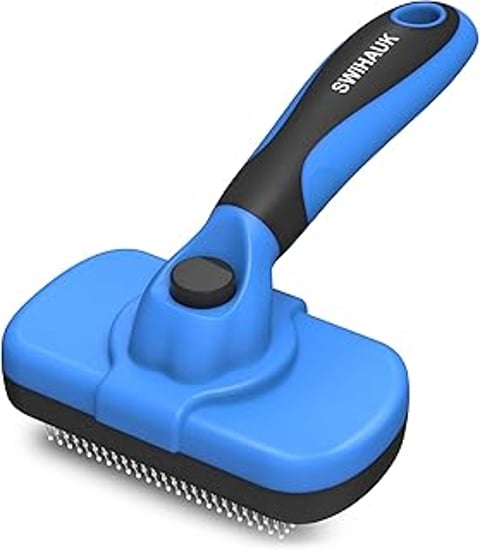 A blue Swihauk brush with a black handle.