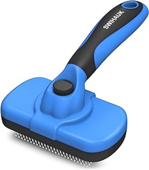 A blue Swihauk brush for grooming pets.