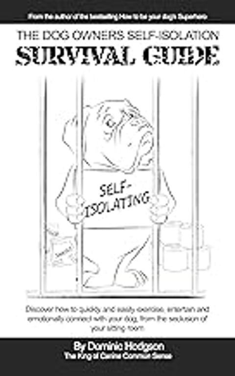A dog in a cage with a sign that says self isolating.