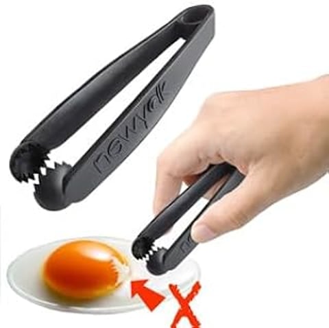 A hand holding a tool to crack an egg.