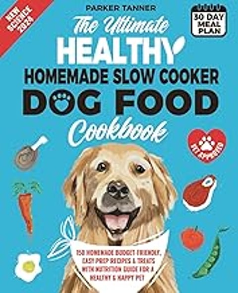 A dog is shown on the cover of a cookbook.