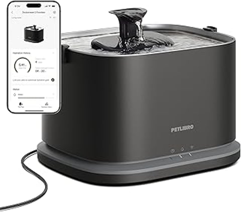 A black pet water fountain with a stainless steel tray.