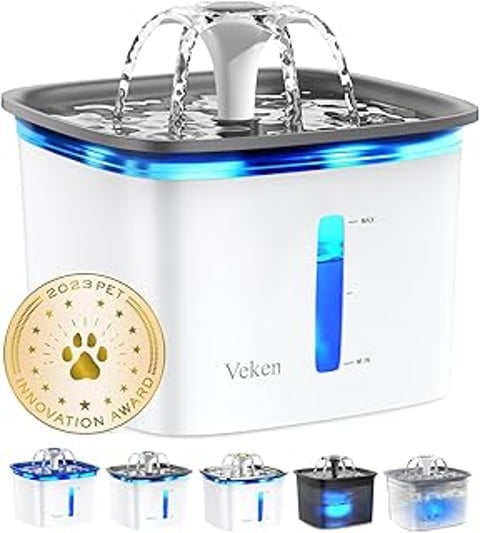 A white and blue pet water fountain with a gold medal on it.