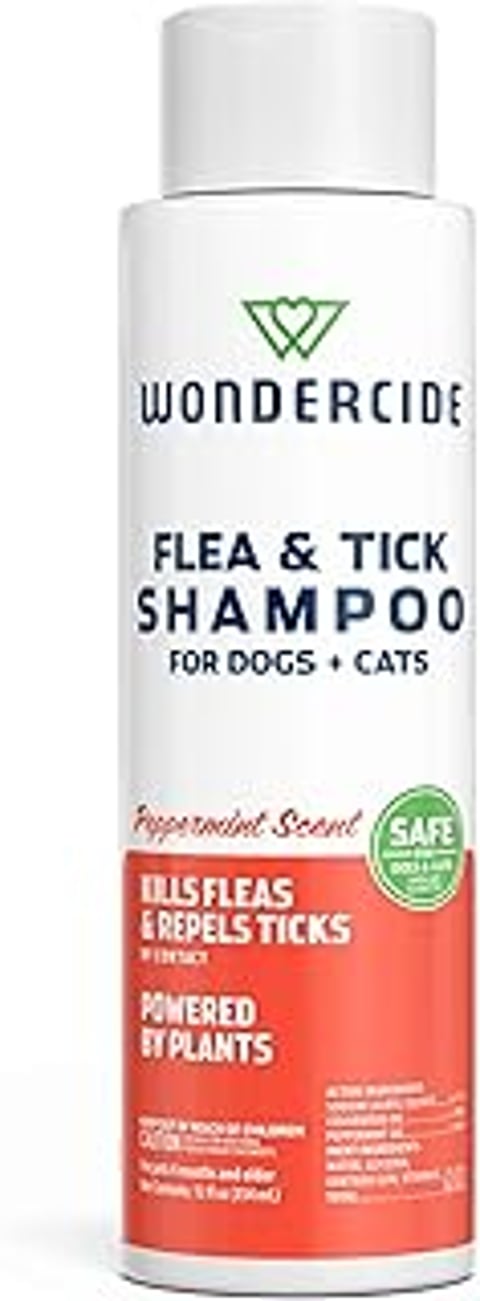 A bottle of Wondercide Flea & Tick Shampoo for dogs and cats.