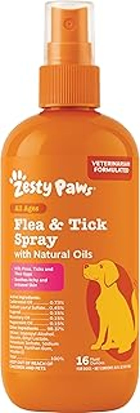A bottle of Zesty Paws Flea and Tick Spray.